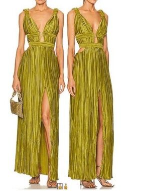 Cult Gaia Davida Pleated Cutout Front Slit Gown Dress Size 10 Pine Green NWT